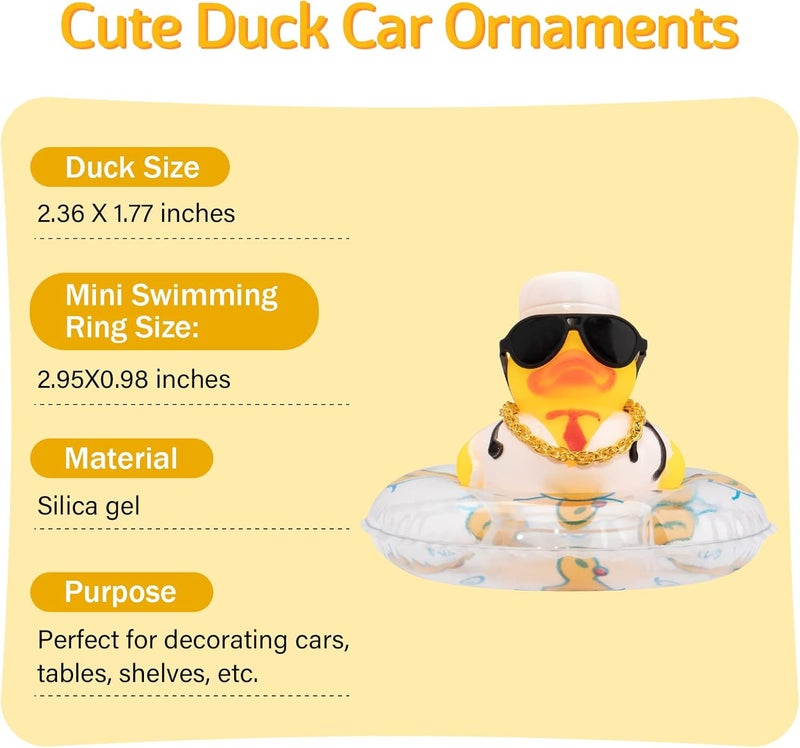 wonuu Car Rubber Duck Ornament for Car Dashboard Decoration Accessories with Mini Swim Ring Necklace and Sunglasses - Image 5